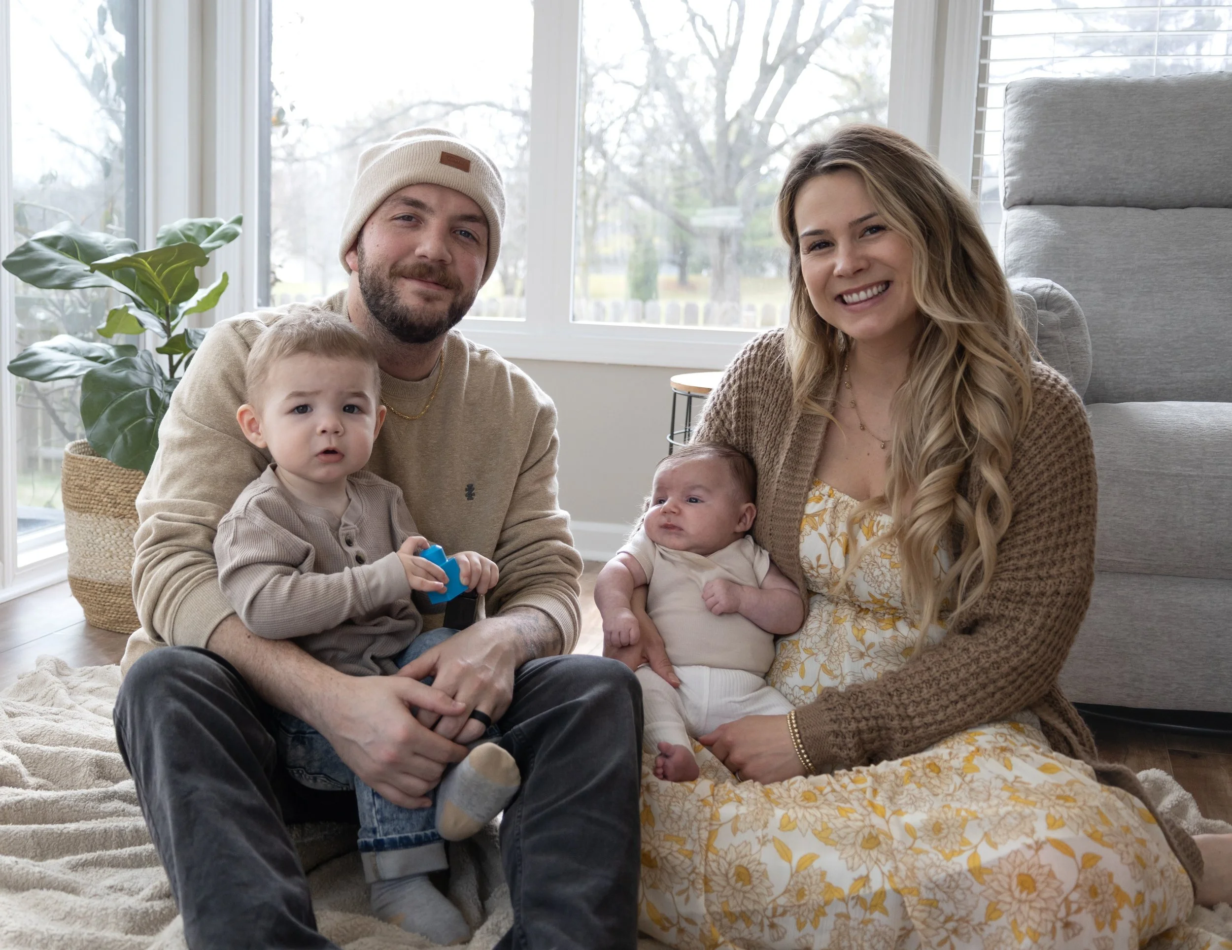 Family photograph in living room with lots of natural light