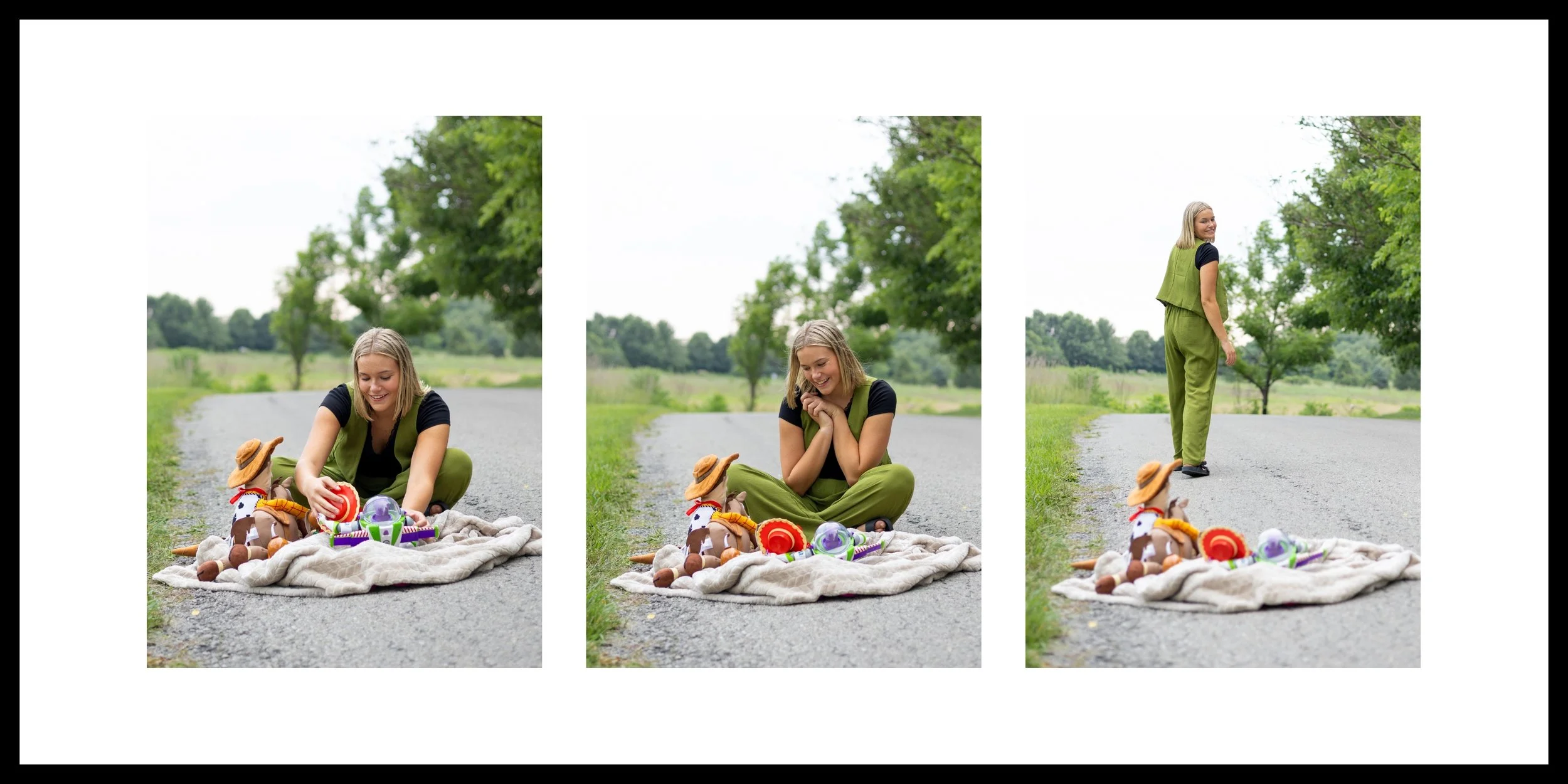 high school senior is saying goodbye to toys in this collage of candid images taken and put together by a photographer in a storytelling way