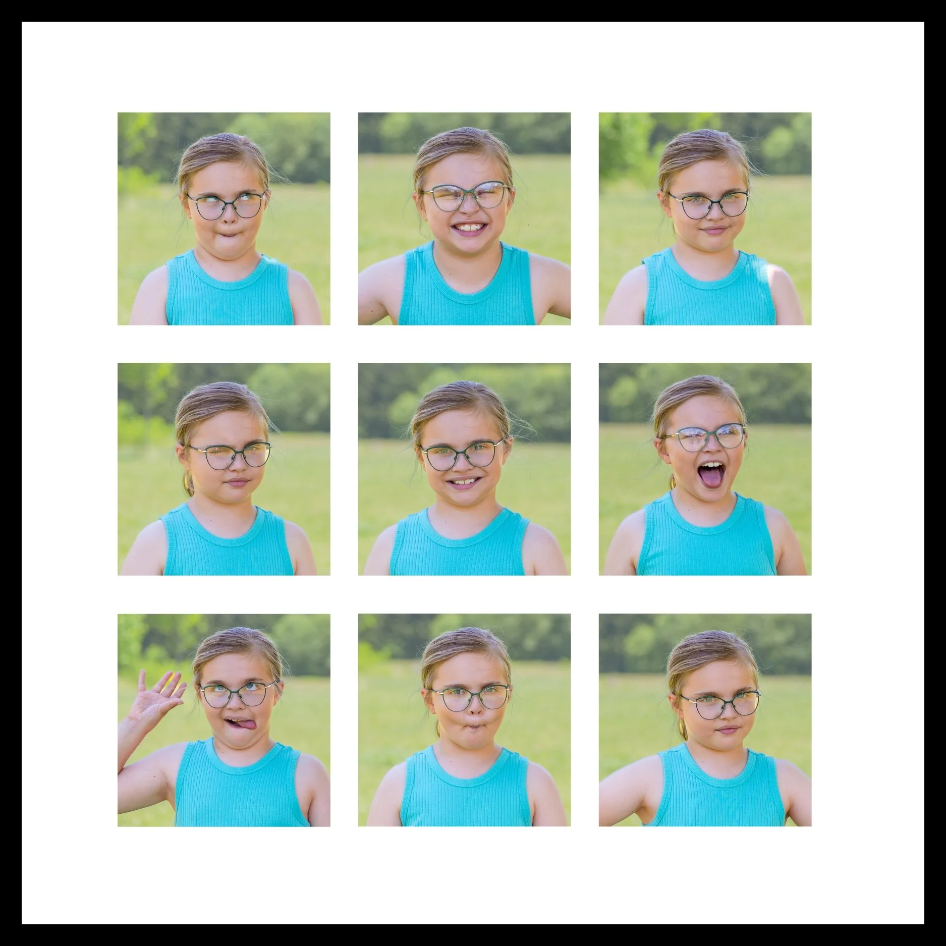 Huntington family photographer took a series of images of a girl making lots of expressions and framed it into a collage of meaningful photographs
