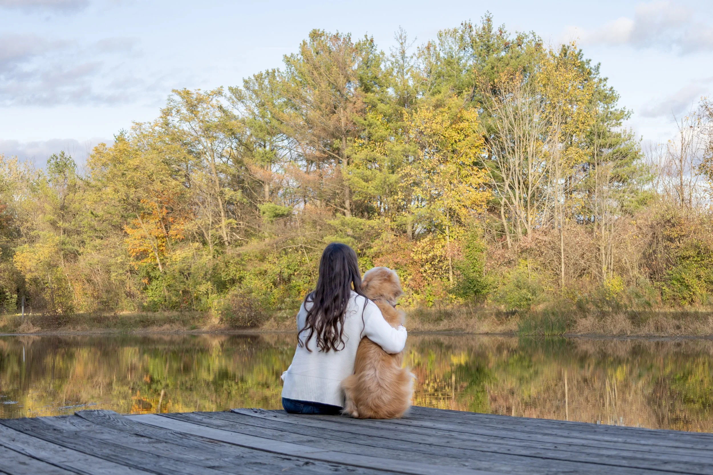 Lady and dog sitting together photographed from behind while they hug each other and look at the trees in the distance at a homestead fort wayne park