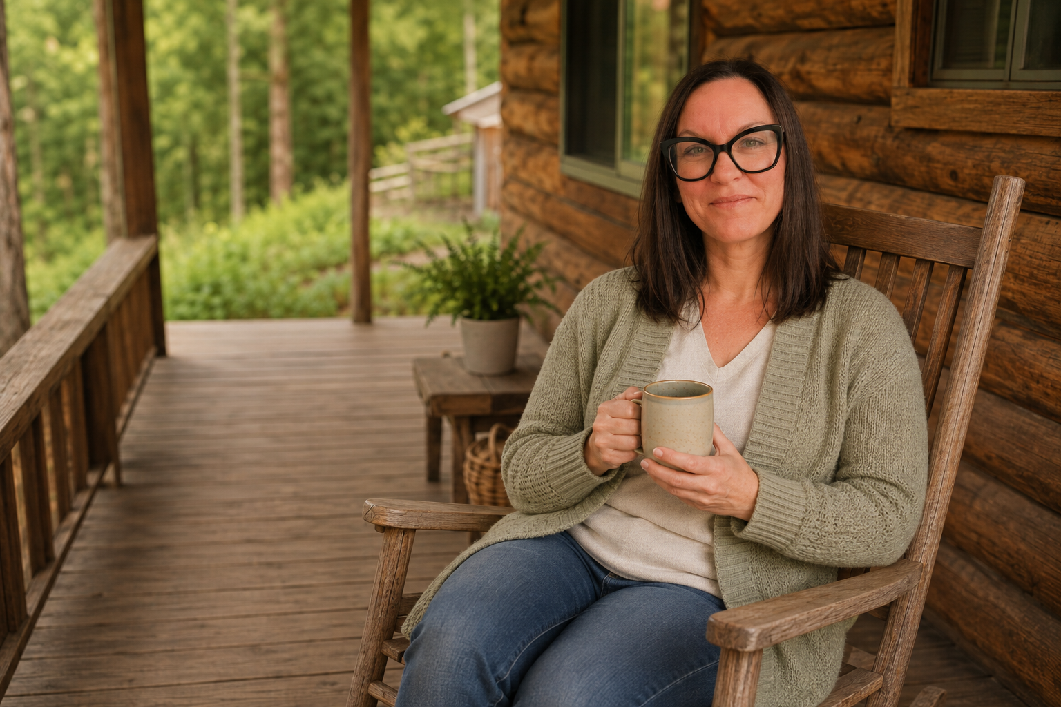 Ashley Caputo, RN and Functional Medicine Practitioner, holding a coffee cup on a welcoming cabin porch.