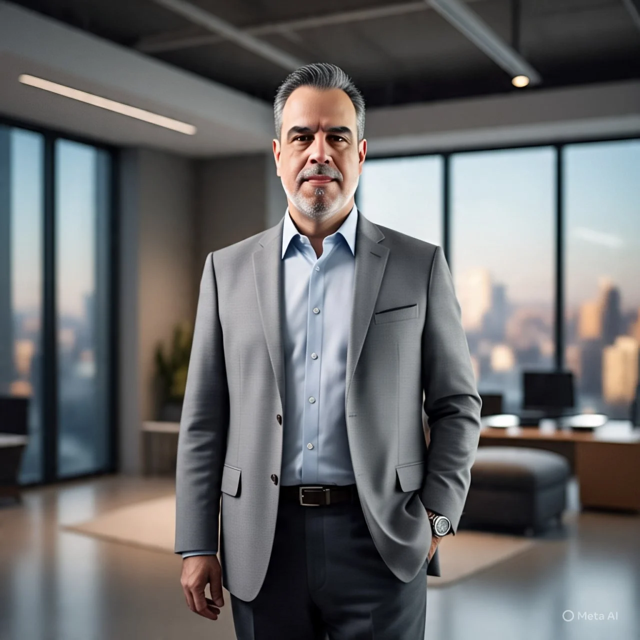 Juan J Guijarro in a gray suit standing in a modern office with large windows overlooking a cityscape.