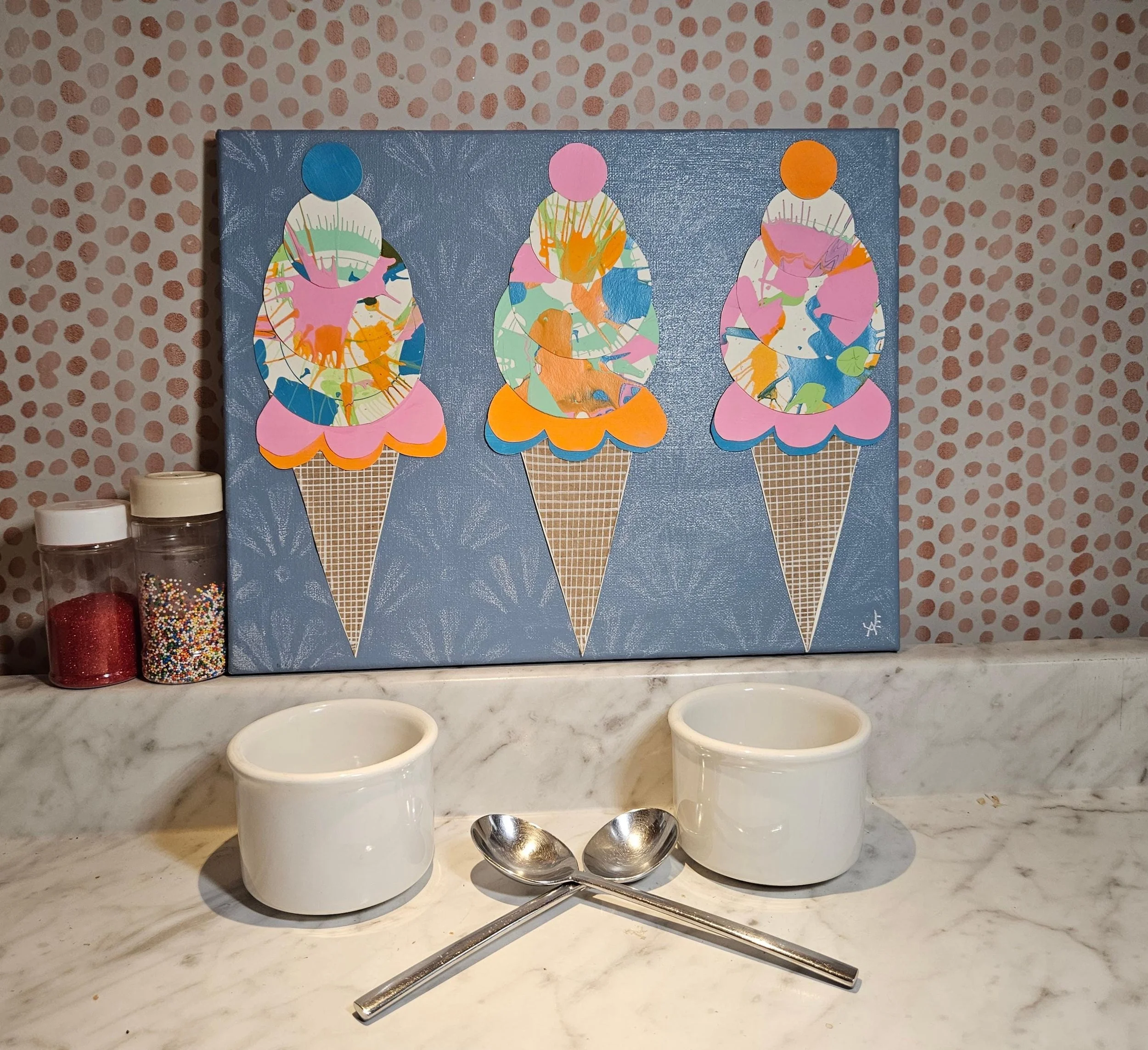 Sugar & Swirl- original art- Ice Cream Cones on a rectangular canvas (14 inch width x 11 inch height) Fun, whimsical, kid's rooms, kitchens