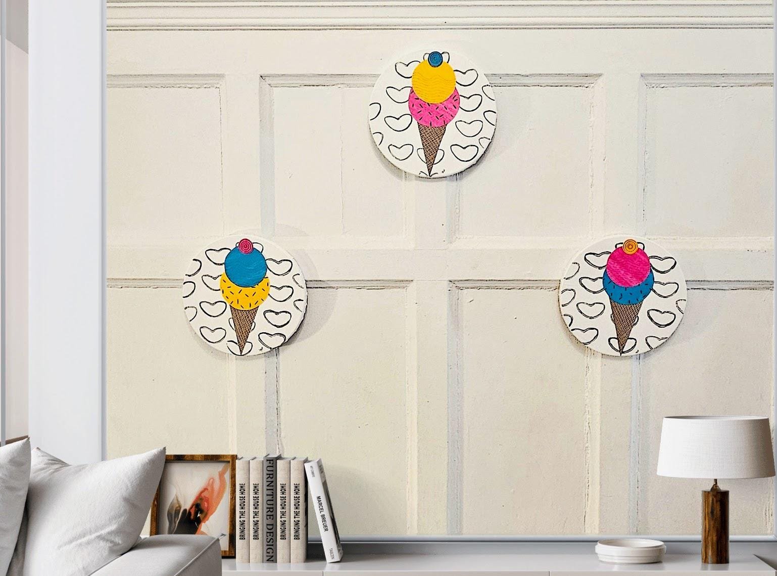 The Triple Treat- Three Ice Cream shaped, original art on circle canvas- 10 inch diameter-ready to hang-colorful art- bedroom, kitchen, etc.