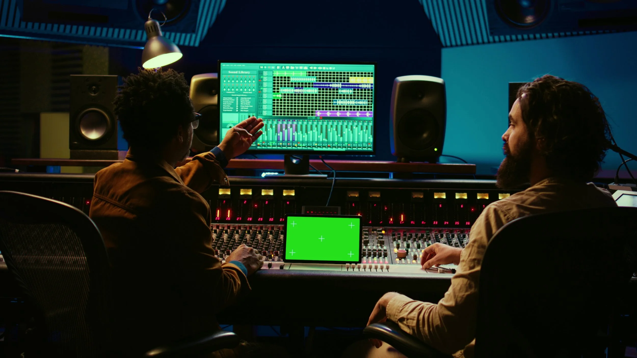 Two men working together at a sound mixing console in a recording studio, with a computer monitor displaying digital audio editing software, speakers, and studio lighting.
