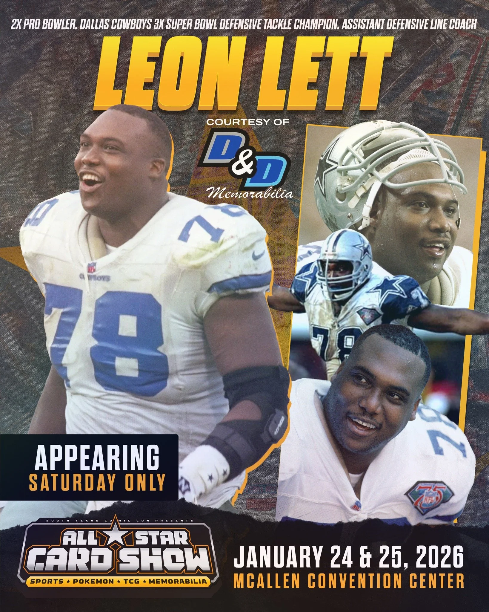 Promotional poster for an all-star card show featuring Leon Lett, a Dallas Cowboys football player. Includes images of Lett in uniform, event details, dates January 24 and 25, 2026, at McAllen Convention Center, and mentions of sports, Pokémon, TCG, and memorabilia.