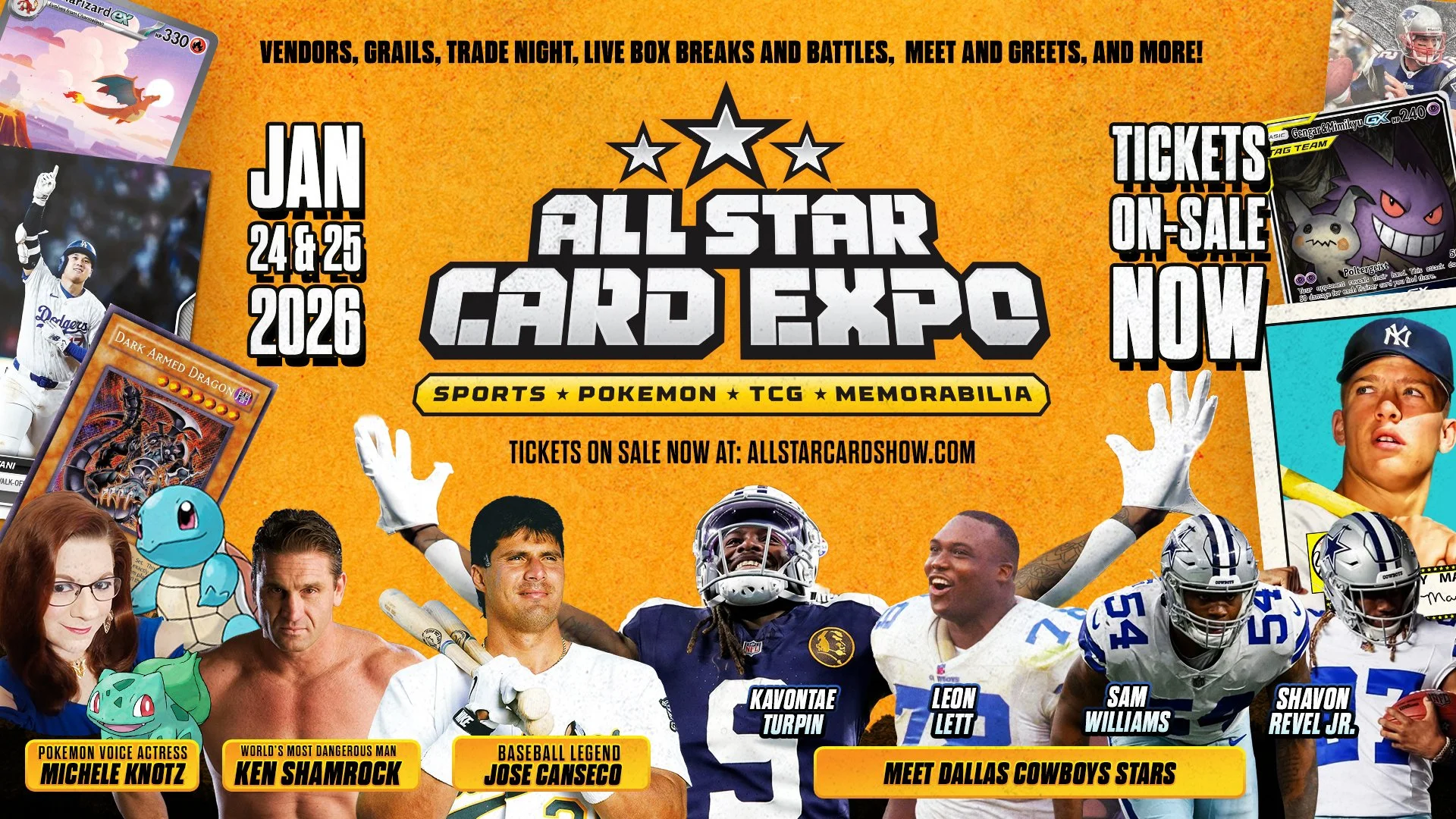 Poster advertising the All-Star Card Expo happening on January 24 and 25, 2026, featuring sports, Pokémon, trading card games, and memorabilia. It includes images of popular personalities, sports players, and Pokémon characters, with details about tickets on sale at allstarcardshow.com.