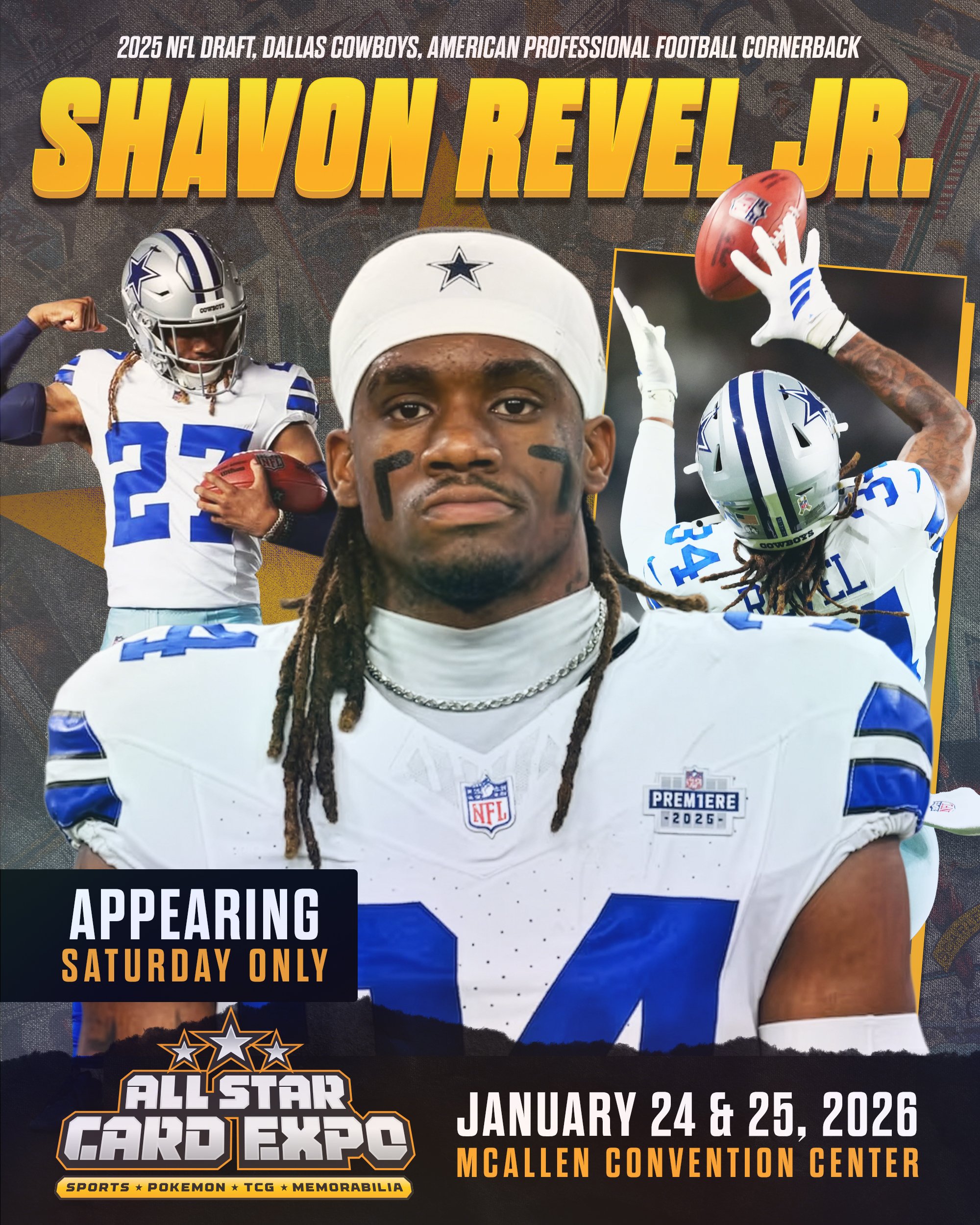 Advertisement for the All-Star Card Expo featuring NFL player Shavon Revel Jr., Dallas Cowboys, with images of him in football gear. The event is scheduled for January 24-25, 2026, at McAllen Convention Center, and appears only on Saturday.