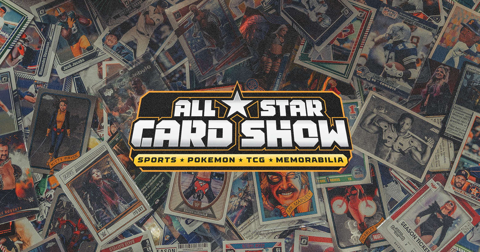 A collage of sports and trading cards with a central logo for the All-Star Card Show, which features a star and text branding, with the categories sports, Pokemon, TCG, and memorabilia.