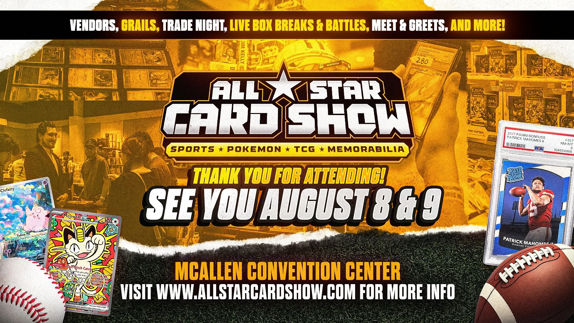 Event flyer for the All Star Card Show at McAllen Convention Center on August 8 and 9, featuring vendors, trading card games, Pokémon, sports memorabilia, and more, with images of Pokémon and sports cards, a baseball, and a football.