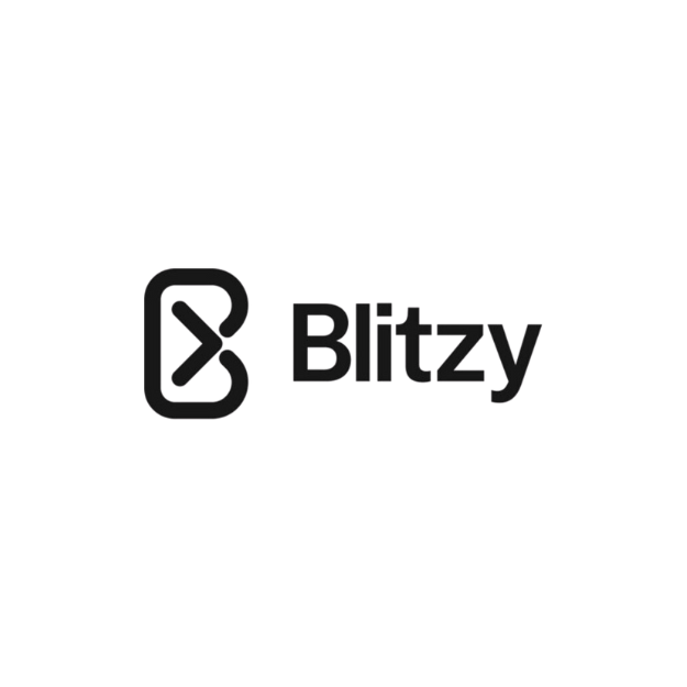 Blitzy logo featuring a stylized black icon resembling a paperclip or stylized letter B, with the word 'Blitzy' in black text.