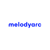 Logo with the text 'melodyarc' in blue, stylized font