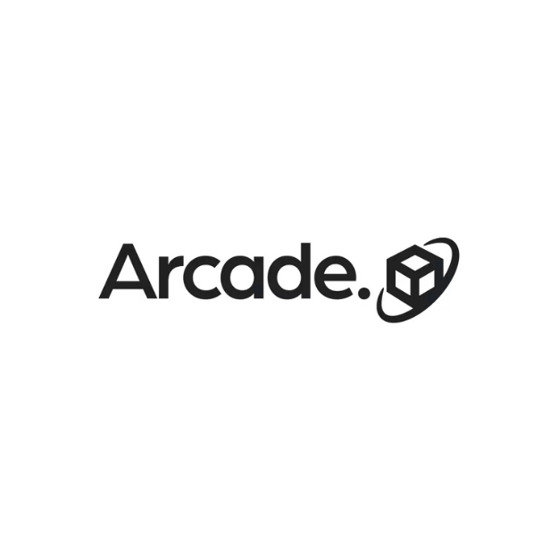 Black and white logo with the word 'Arcade' and a cube surrounded by an orbit, representing gaming or entertainment.