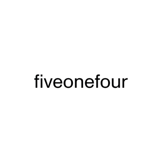 Black circle with the Five One Now logo in the center, featuring a stylized globe surrounded by the text 'fiveonefour'.