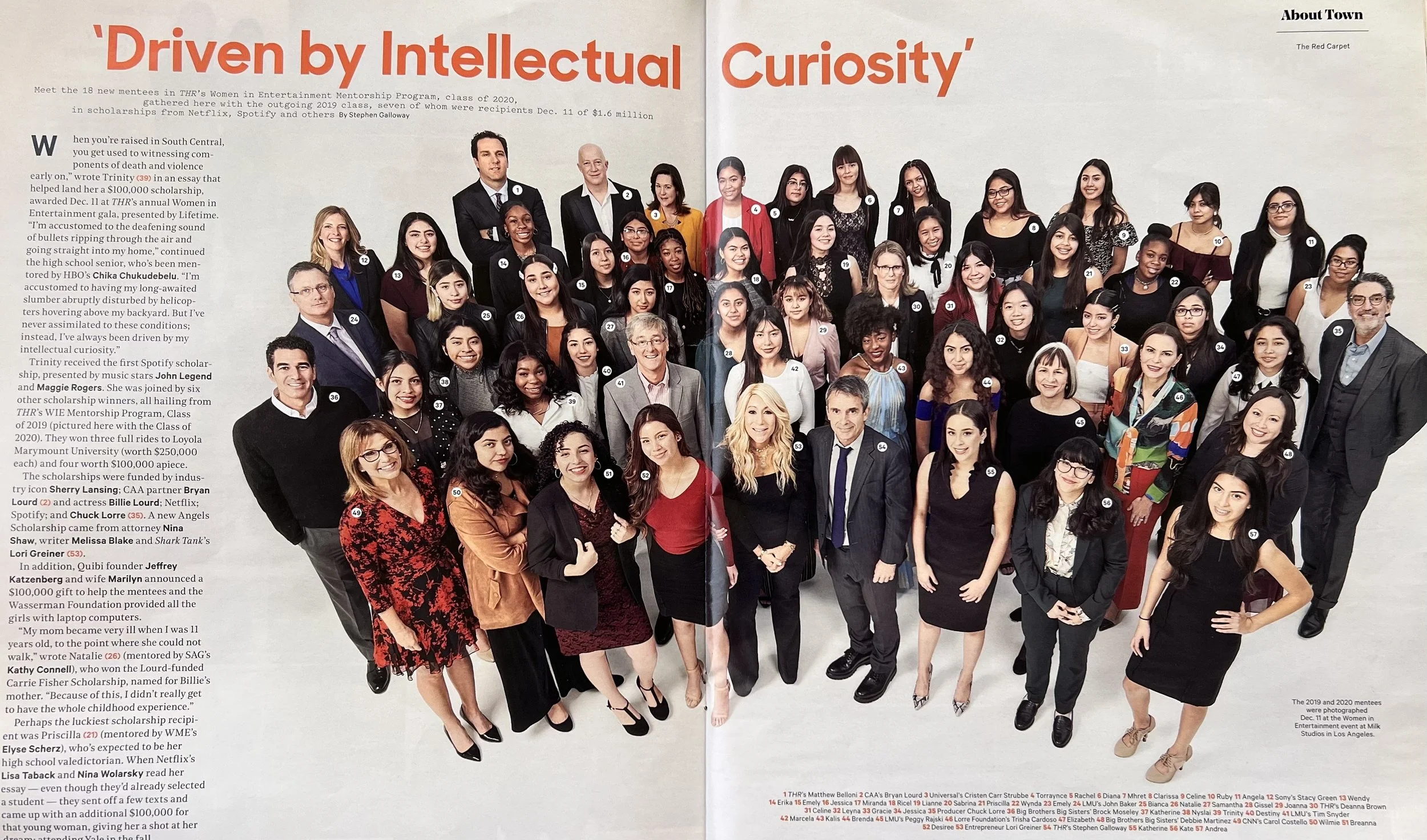 Group photo of the 2019 and 2020 women mentees, mentors, and winners, arranged in multiple rows, dressed in professional attire, on a white background with red and black text.