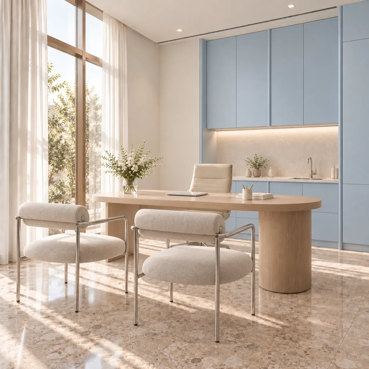 Design d’intérieur de cabinet dentaire par Rübik Design : bureau de consultation avec armoires bleues, table en bois et fauteuils bouclés