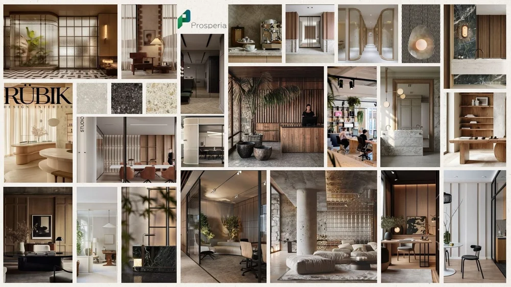 Moodboard d'aménagements intérieurs modernes et élégants, incluant des salons, bureaux, réceptions, chambres avec meubles en bois, marbre et matériaux naturels, avec un style minimaliste et chaleureux.