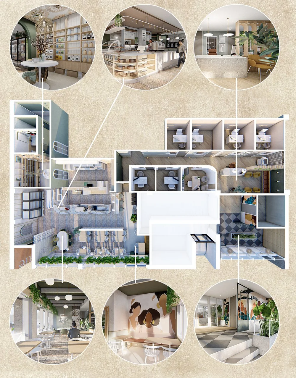 Plan d'étage d'un espace de coworking avec diverses zones de travail, un comptoir, des salles privées, un espace de restauration et plusieurs décorations modernes.