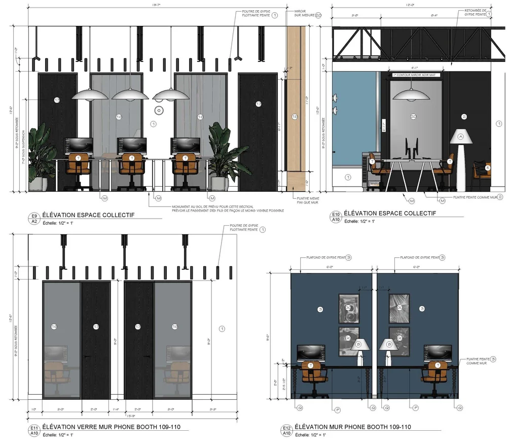 Plans architecturaux d'un espace de travail collaboratif comprenant des salles privées avec élevations, mettant en évidence l'aménagement intérieur, les meubles de bureau, les murs, les portes, les luminaires, et la décoration avec des plantes