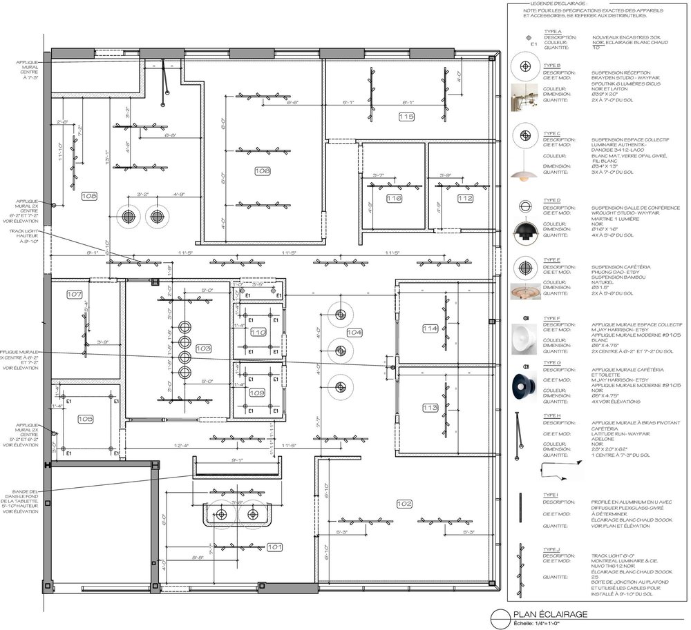 Plan technique d'aménagement intérieur d'une pièce avec différentes zones et équipements d'éclairage, incluant des boucliers, luminaires, et prises électriques, avec des annotations professionnelles et légendes.