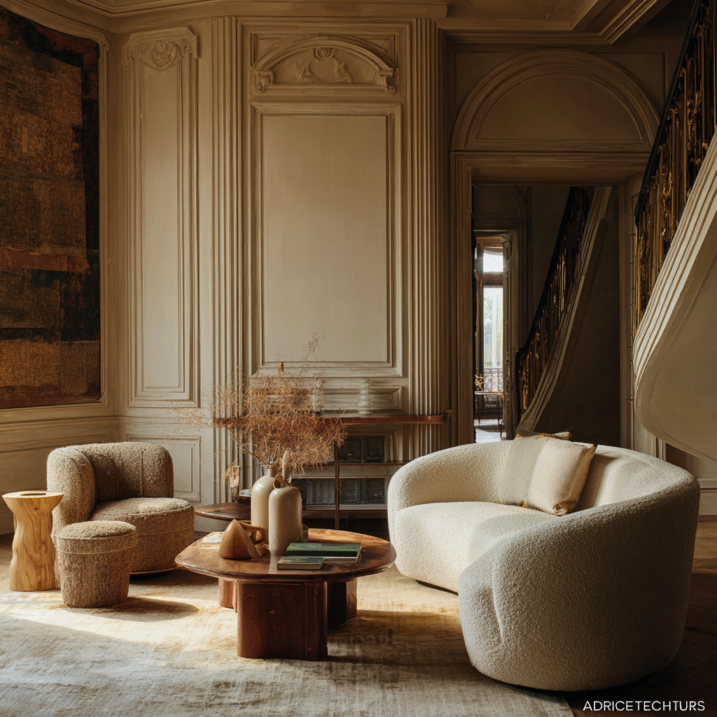 Salon avec canapé incurvé blanc, une table basse en bois, une chaise et tabouret modernes en laine beige, le tout entouré de murs ornés de panneaux et d'un escalier à rampe. Espace chaleureux au design intérieur contemporain.