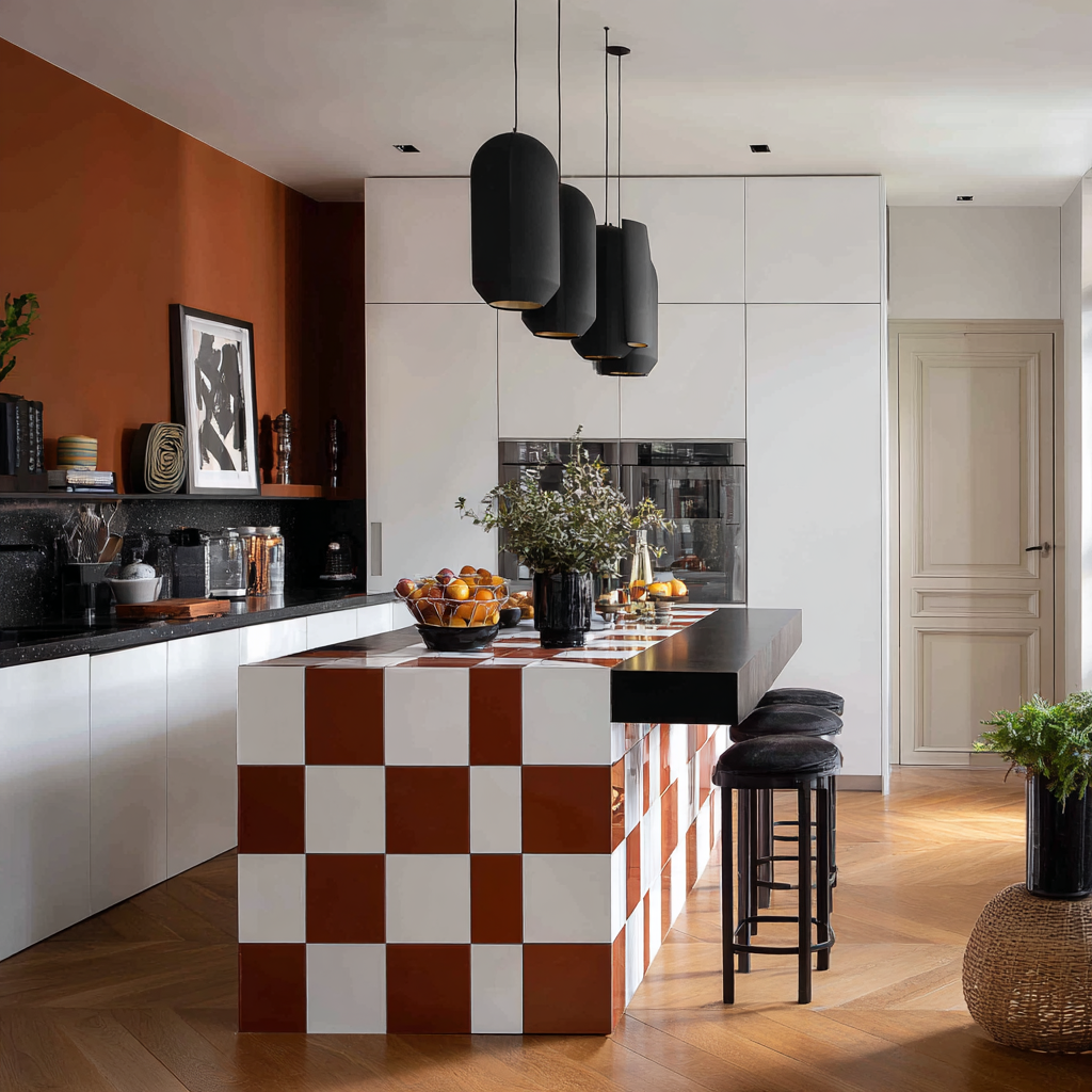 Cuisine moderne avec un ilôt à motifs de carreaux blanc et rouge avec une extension noire. Des espaces de rangements blancs incluant des appareils ménagers encastrés, des luminaires modernes noirs, puis l'espace de travail avec un comptoir en marbre.