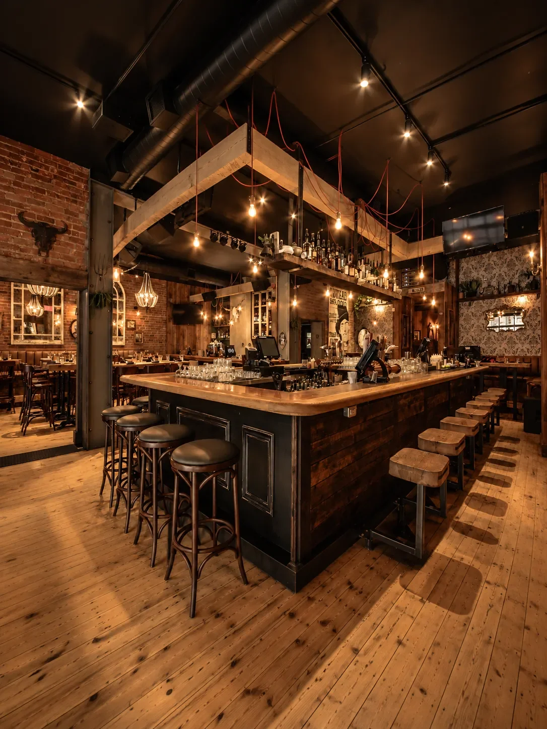 Design de bar et microbrasserie par Rübik Design : comptoir en bois, mur de brique et ampoules Edison