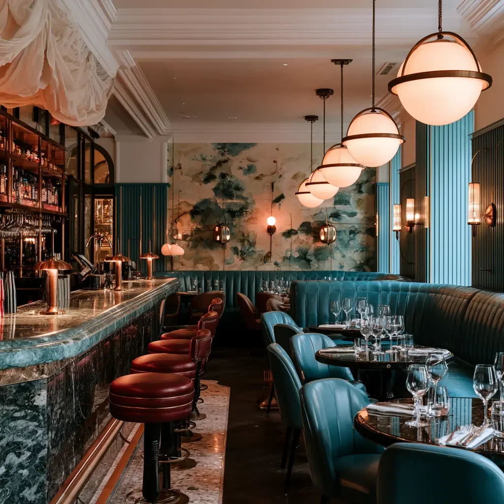 Design de restaurant à Montréal chaleureux avec tables en bois, banquettes en cuir noir et claustras lumineux