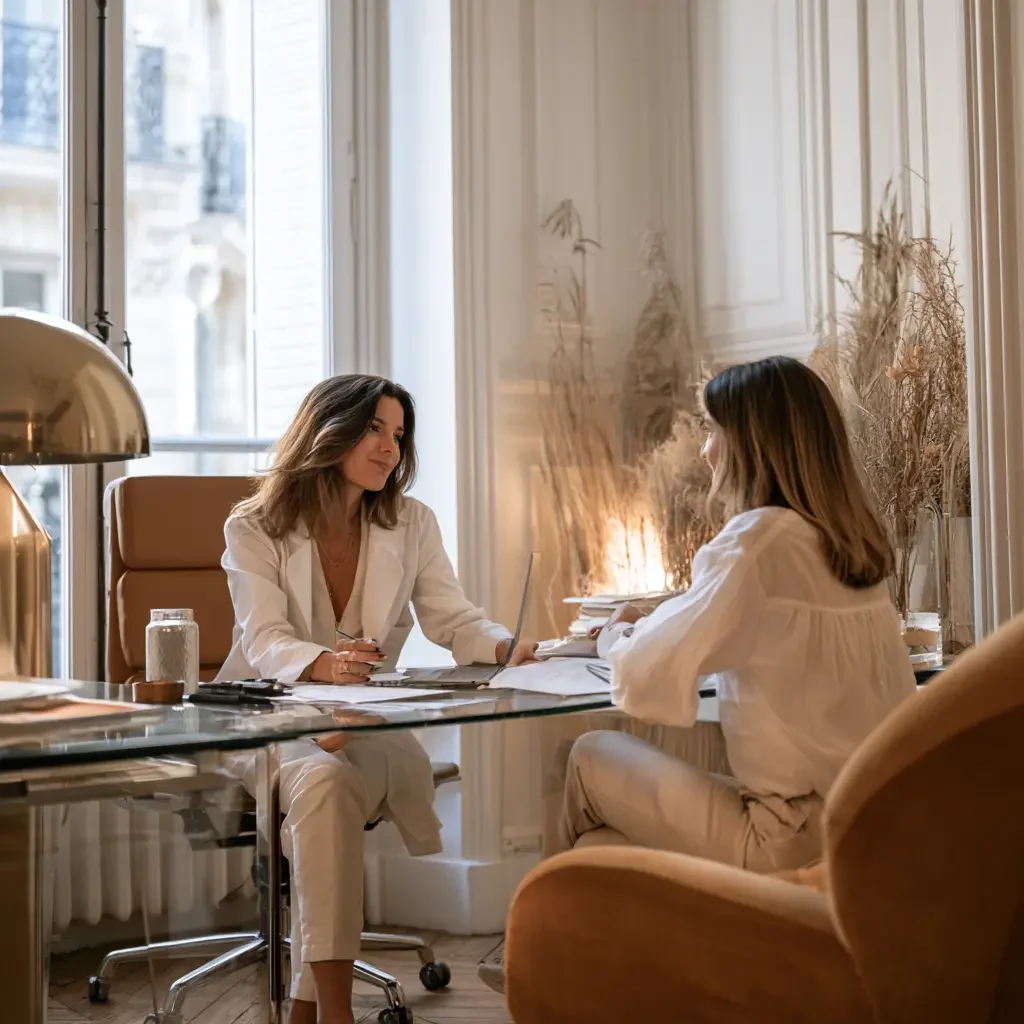 Médecin souriante en consultation avec une patiente dans un cabinet blanc baigné de lumière naturelle