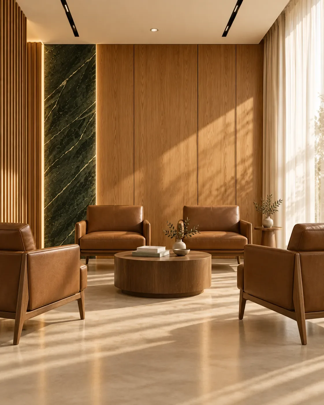 Design d’intérieur de clinique médicale par Rübik Design : salle d’attente avec fauteuils en cuir, boiseries et marbre vert