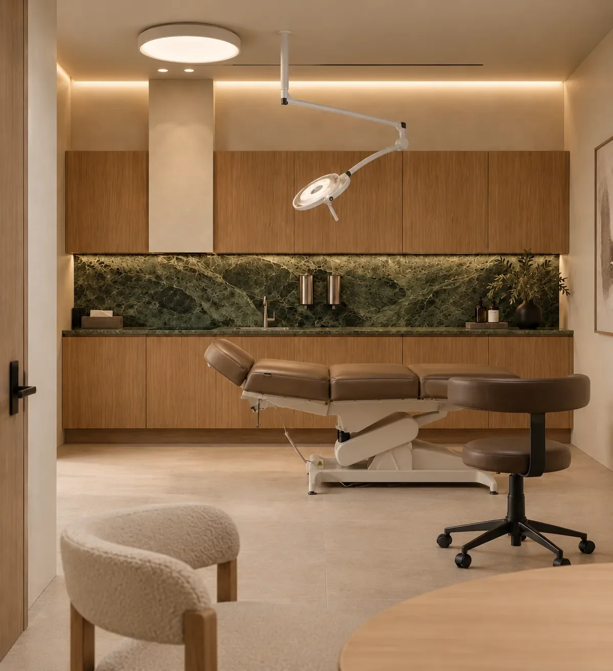 Salle de consultation de clinique médicale conçue par Rübik Design : table d’examen, ébénisterie en chêne et dosseret en marbre vert