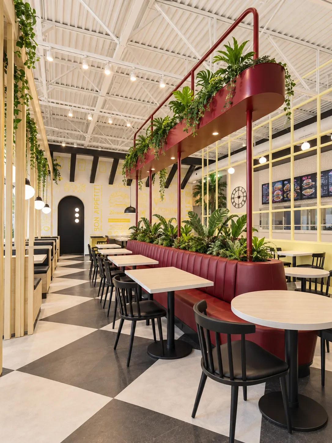 Aménagement de restaurant par Rübik Design : banquette rouge, jardinière suspendue et plancher en damier