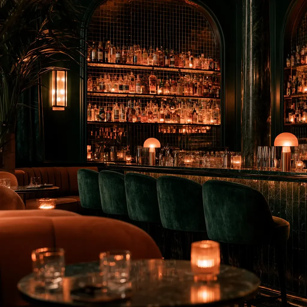 Design de bar à Montréal chaleureux avec long comptoir, tablettes de bouteilles éclairées et tables en marbre