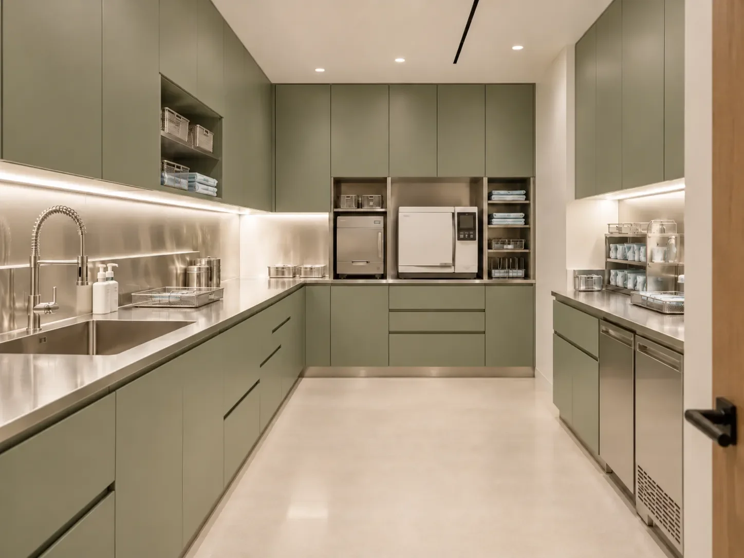 Salle de stérilisation de clinique médicale aménagée par Rübik Design : armoires vert sauge et comptoirs en acier inoxydable