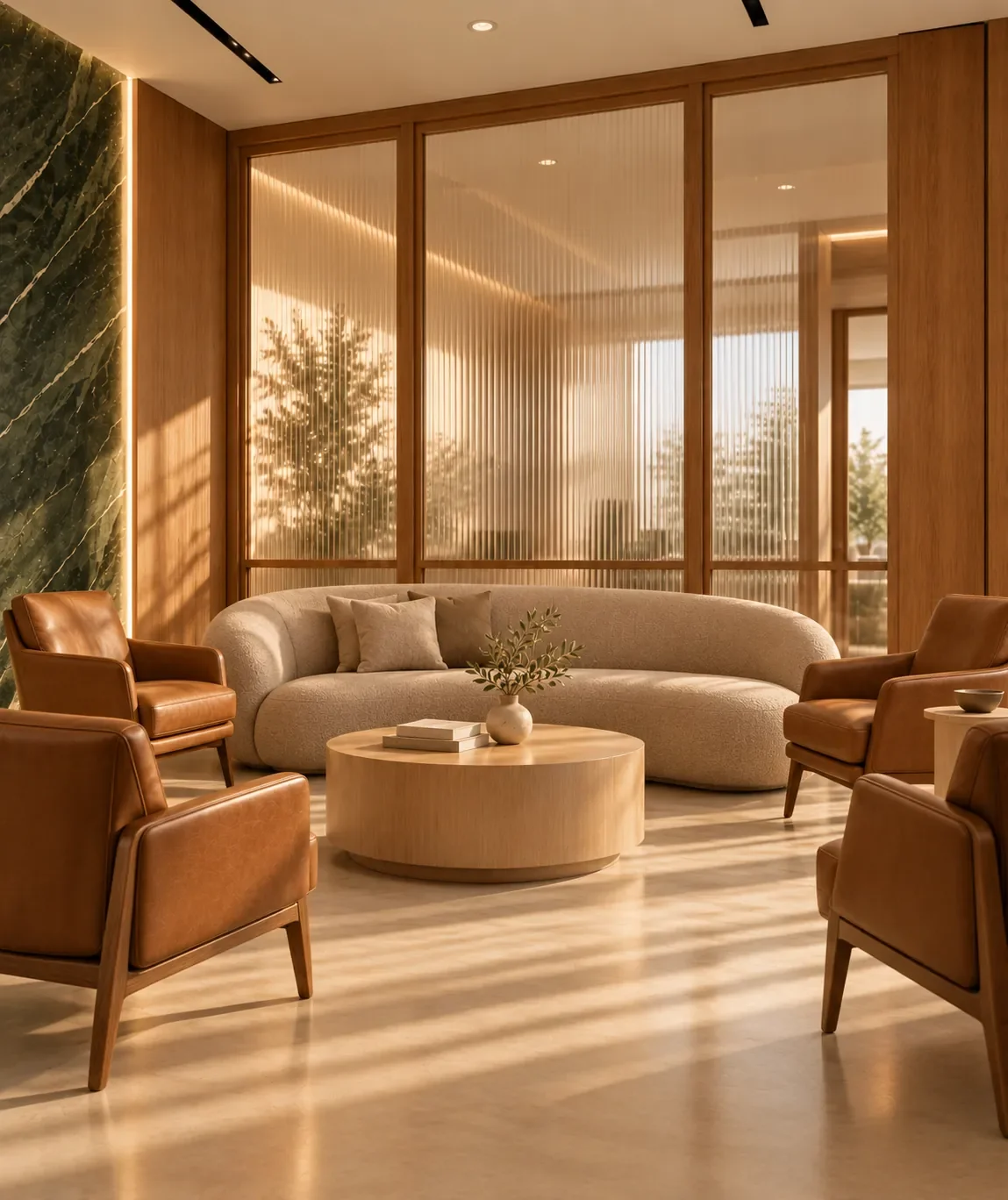 Salle d’attente de clinique médicale par Rübik Design : sofa arrondi, fauteuils en cuir et cloisons en verre cannelé