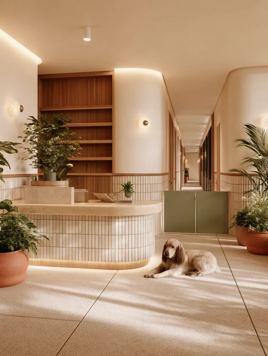 Design d’intérieur de clinique vétérinaire par Rübik Design : comptoir d’accueil en céramique, murs arrondis et chien au repos
