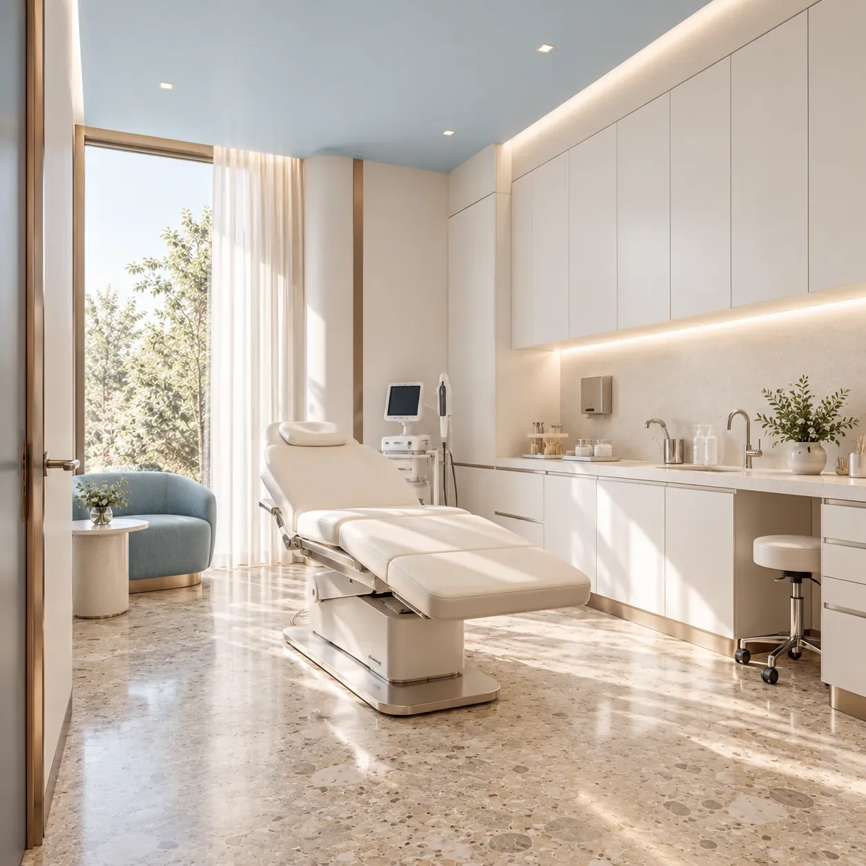 Design de clinique dentaire par Rübik Design : salle de traitement avec fauteuil dentaire, rangements intégrés et éclairage sous les armoires