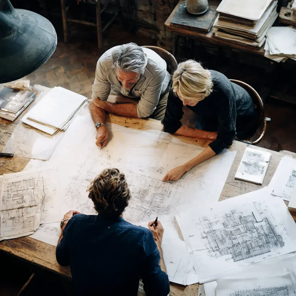 Plans techniques d'architecture sur une table, illustrant la différence entre architecte, designer et décorateur