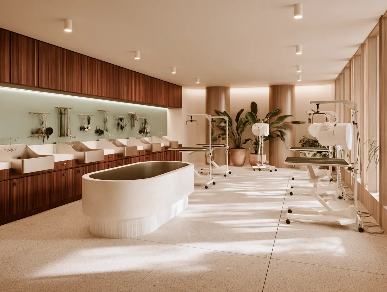 Espace de toilettage de clinique vétérinaire par Rübik Design : bain central, lavabos en série et tables de toilettage