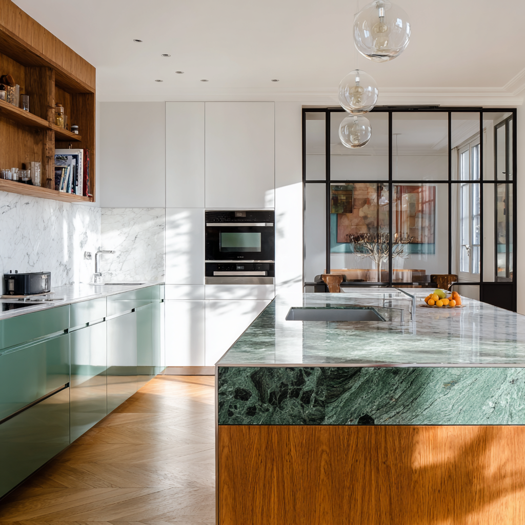 Cuisine moderne avec îlot en marbre vert, accents en bois et armoires vertes brillantes. Four encastré, dosseret en marbre, étagères ouvertes et lampes suspendues en verre. La lumière du soleil traverse les grandes portes vitrées.