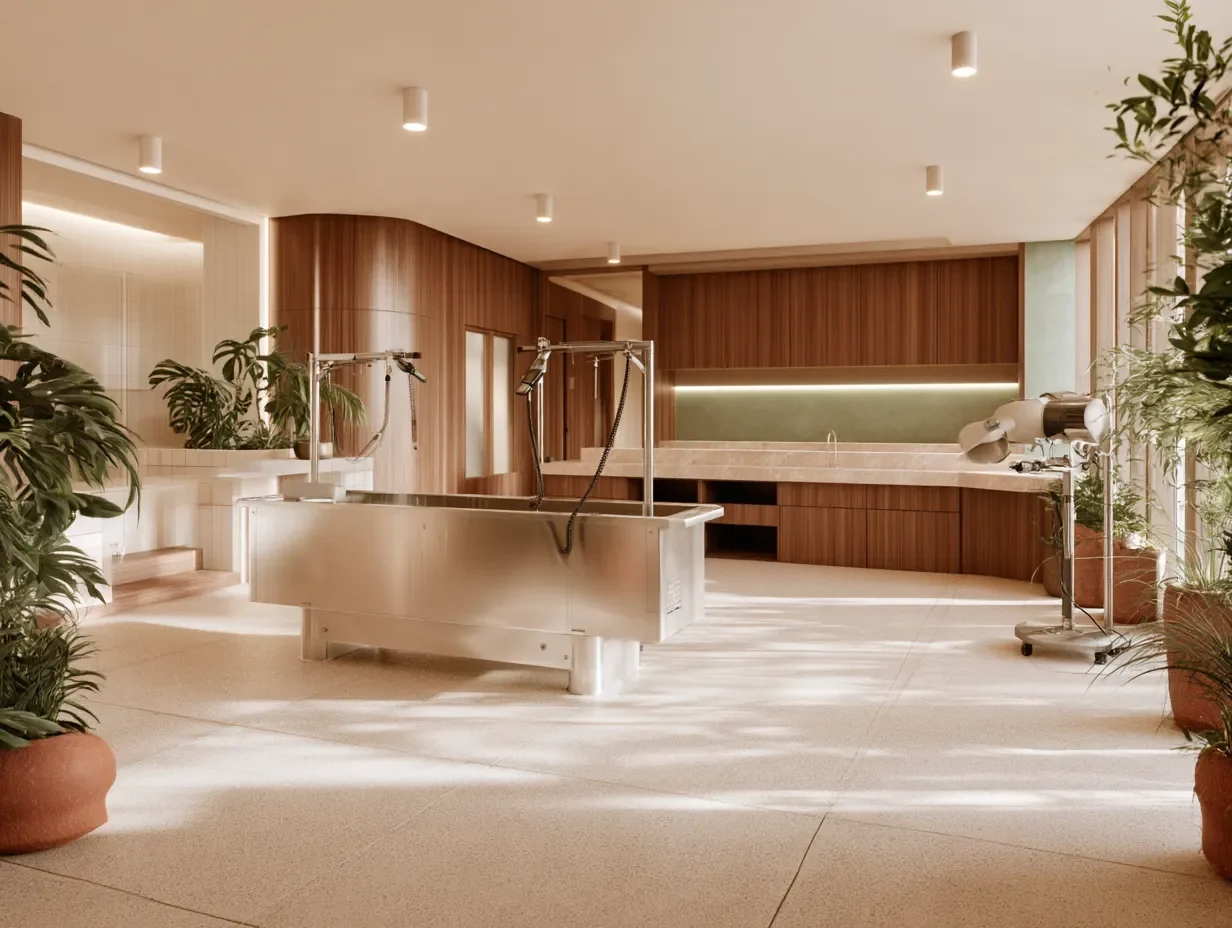 Salle de toilettage d’une clinique vétérinaire conçue par Rübik Design : bain en inox, séchoir et boiseries