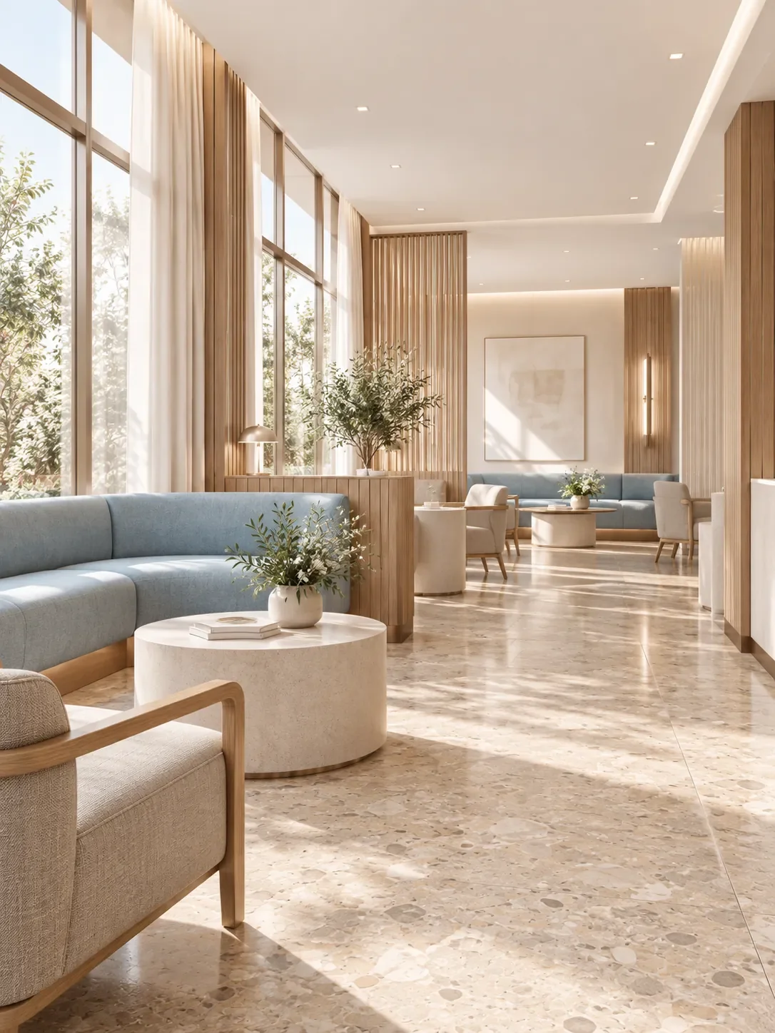 Aménagement de la salle d’attente d’un cabinet dentaire par Rübik Design : banquettes bleues, fauteuils en bois et lumière naturelle