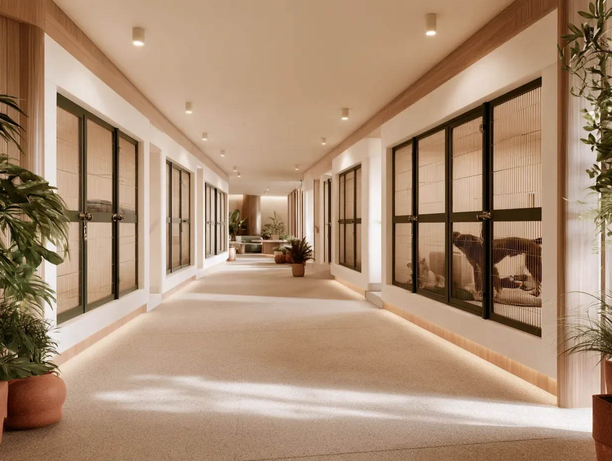 Aire d’hospitalisation de clinique vétérinaire par Rübik Design : chenils vitrés, corridor lumineux et bois clair