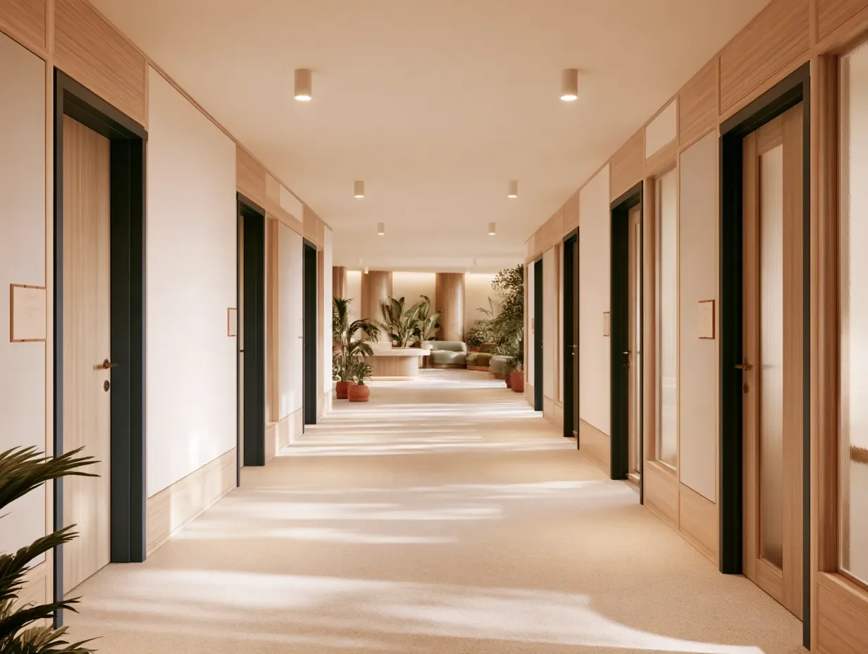 Design de clinique vétérinaire par Rübik Design : corridor desservant les salles d’examen, boiseries et éclairage chaleureux