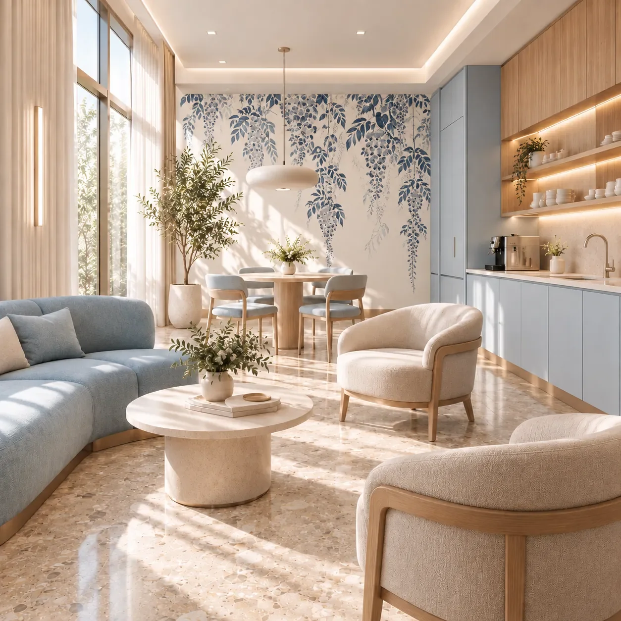 Salle des employés d’un cabinet dentaire conçue par Rübik Design : murale de glycines, coin repas et cuisinette bleue