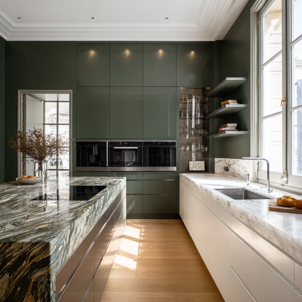 Espace de cuisine avec des armoires de rangement vertes lustrées, des étagères avec des livres, un ilôt de cuisine central en marbre avec four intégré et un évier sous la fenêtre laissant entrer la lumière naturelle.