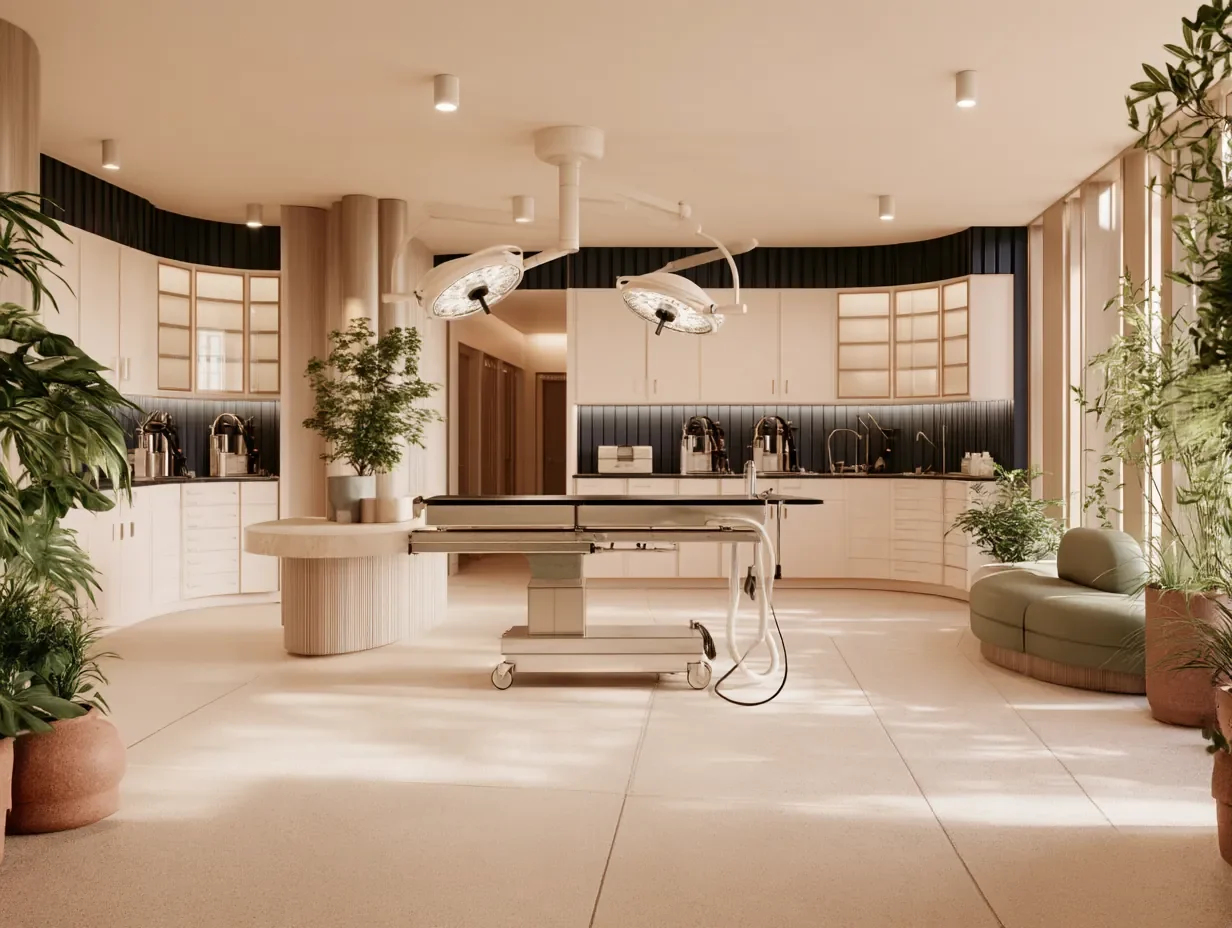 Aménagement d’une salle de chirurgie de clinique vétérinaire par Rübik Design : table chirurgicale, scialytiques et rangements sur mesure