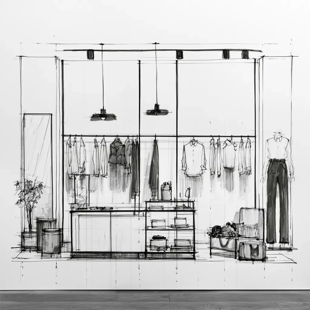 Aménagement d'une boutique avec présentoirs en tubulure, vêtements sur cintres et mur de brique apparente