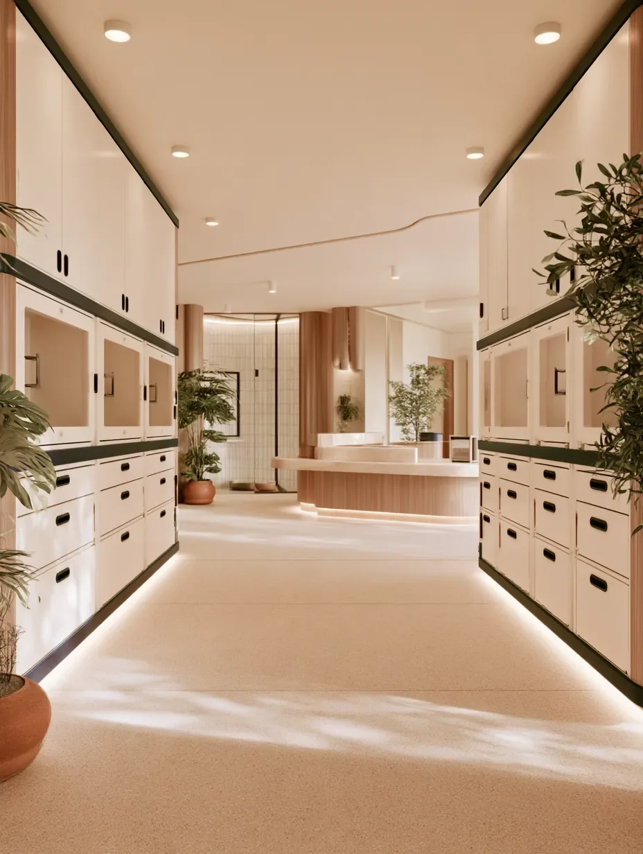 Aménagement de clinique vétérinaire par Rübik Design : corridor bordé de rangements intégrés et éclairage sous les armoires
