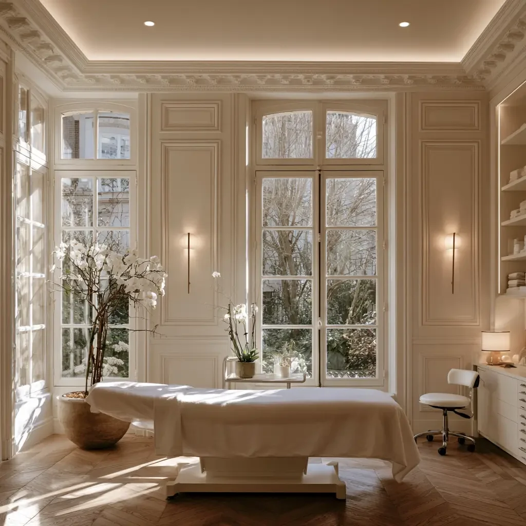 Chambre de soins lumineuse avec lit médicalisé en bois, literie verte et grandes fenêtres ensoleillées